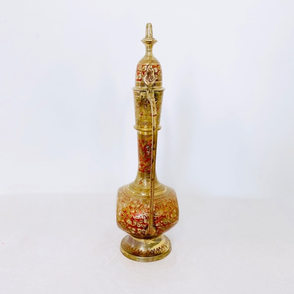 SOLD. Vintage India Brass & Enamel Tea Pot or Wine Pitcher EUC - Picture 5 of 8